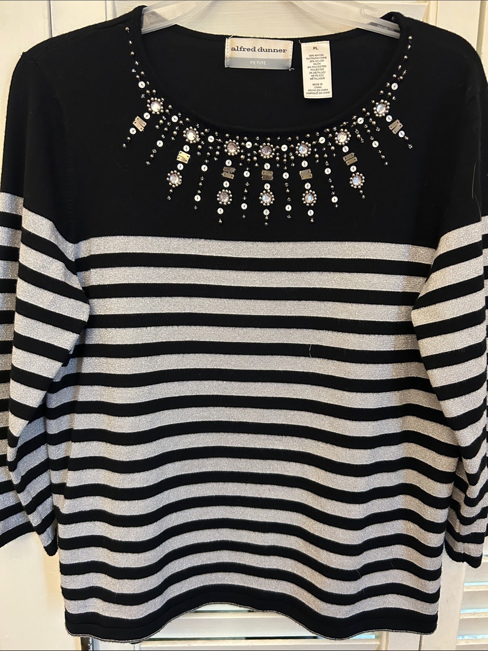 Alfred Dunner Black and Silver Striped Crewneck Sweater with Rhinestone Detail